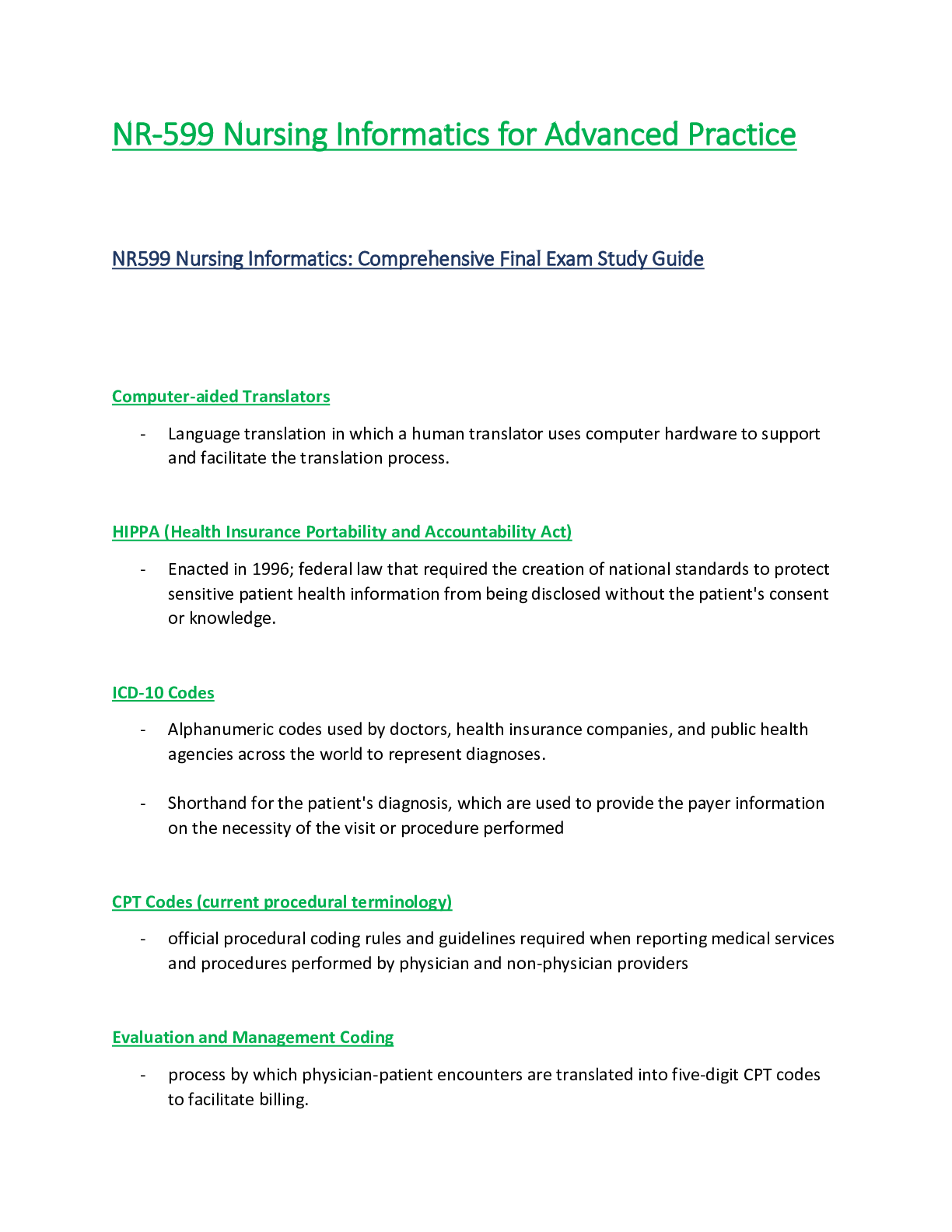 Preview of NR599 / NR 599  Nursing Informatics for Advanced Practice - Comprehensive Final Exam Study
